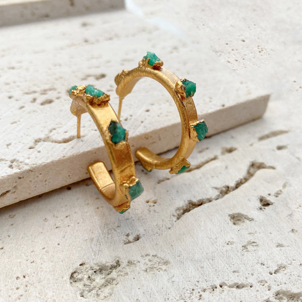 Raw Emerald Hoop Earrings